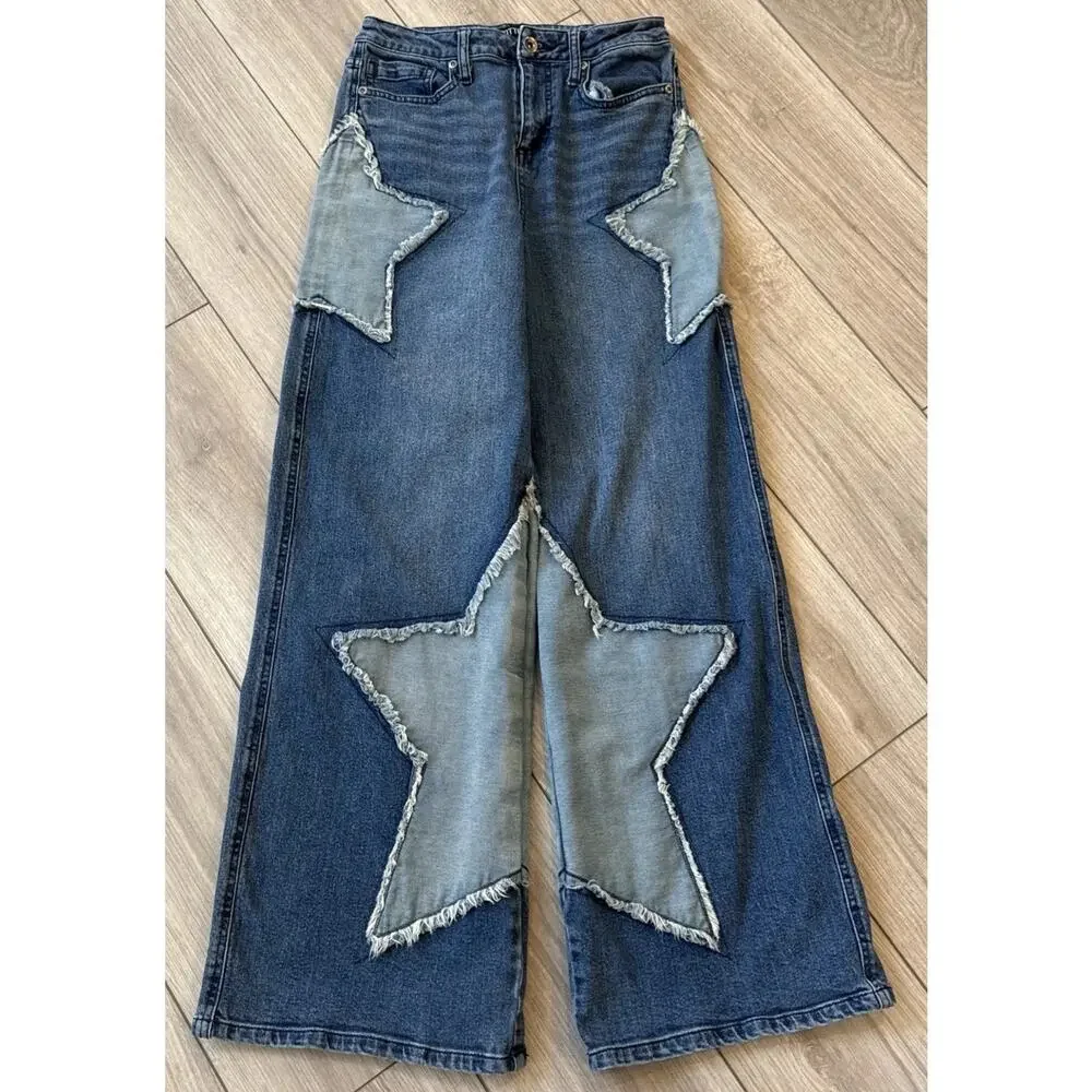 Hot Topic Star Patchwork Wide Leg Blue Denim Jeans Skate Alt Y2K Retro size 5